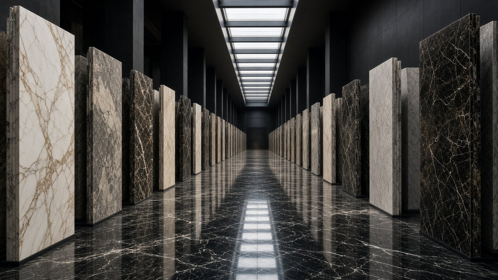 Rows of standing marble slabs